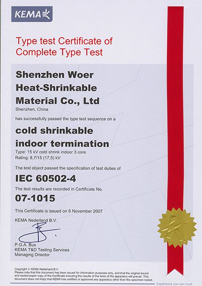 Certificado de prueba de tipo KEMA de terminación contráctil en frío