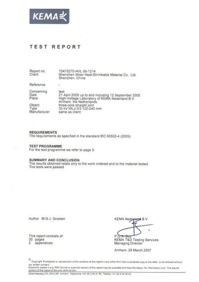 Informe de prueba KEMA de empalme contráctil en frío de 33kV