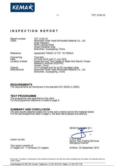 Informe de inspección KEMA del empalme contráctil en frío de 15kV